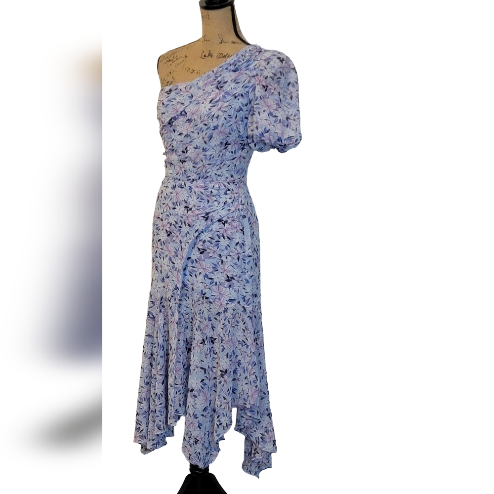 Astr Sheer Floral One Shoulder Ruffle Wrap Zip Midi Dress - Picture 5 of 10